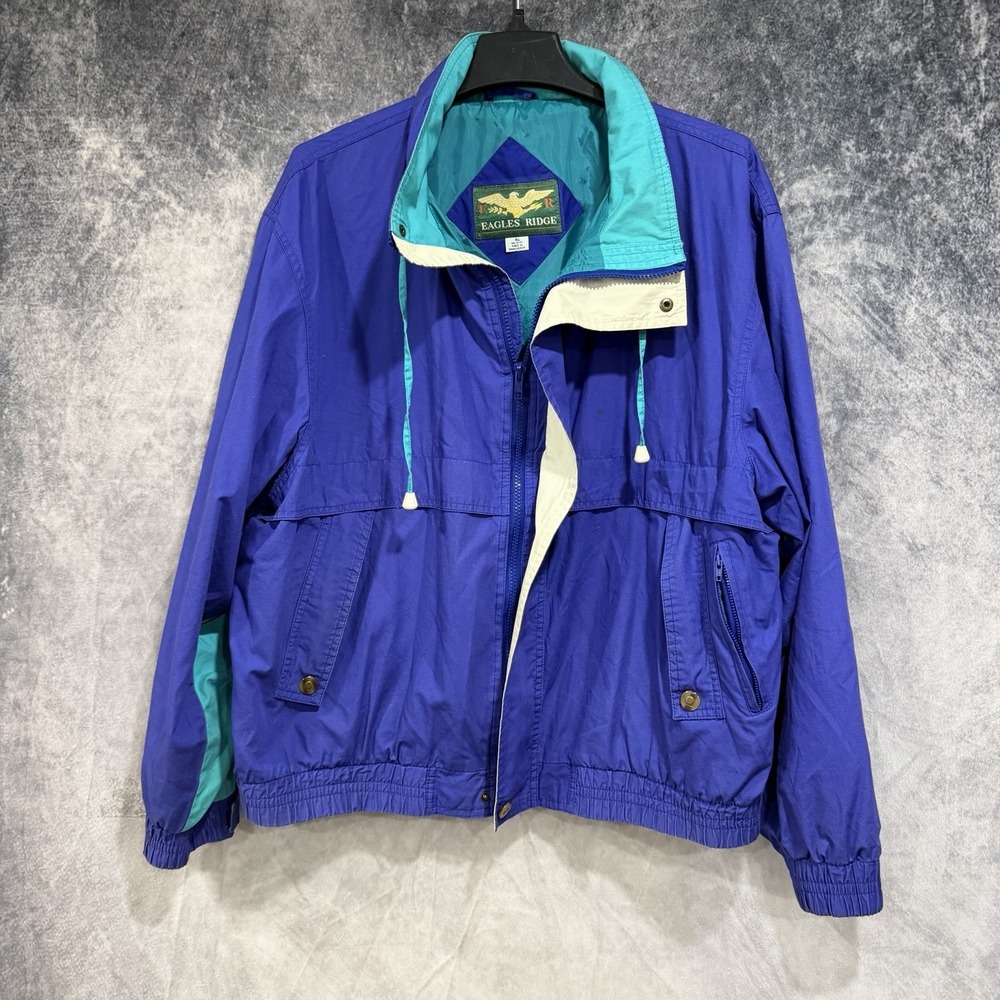Vintage Women's Full Zip Windbreaker Jacket Blue Teal Color Block XL Pockets